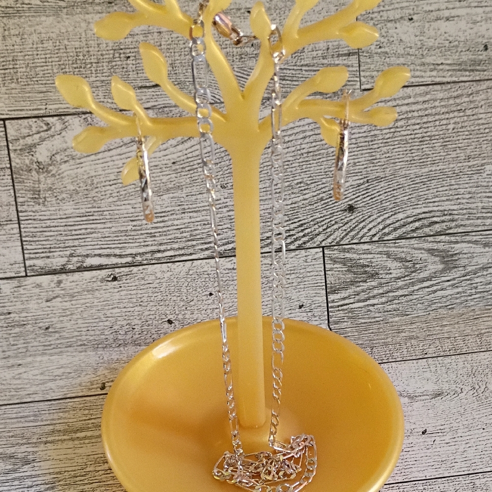 Sterling Silver Etched Hoop Earrings & Sterling Silver Link Necklace EUC